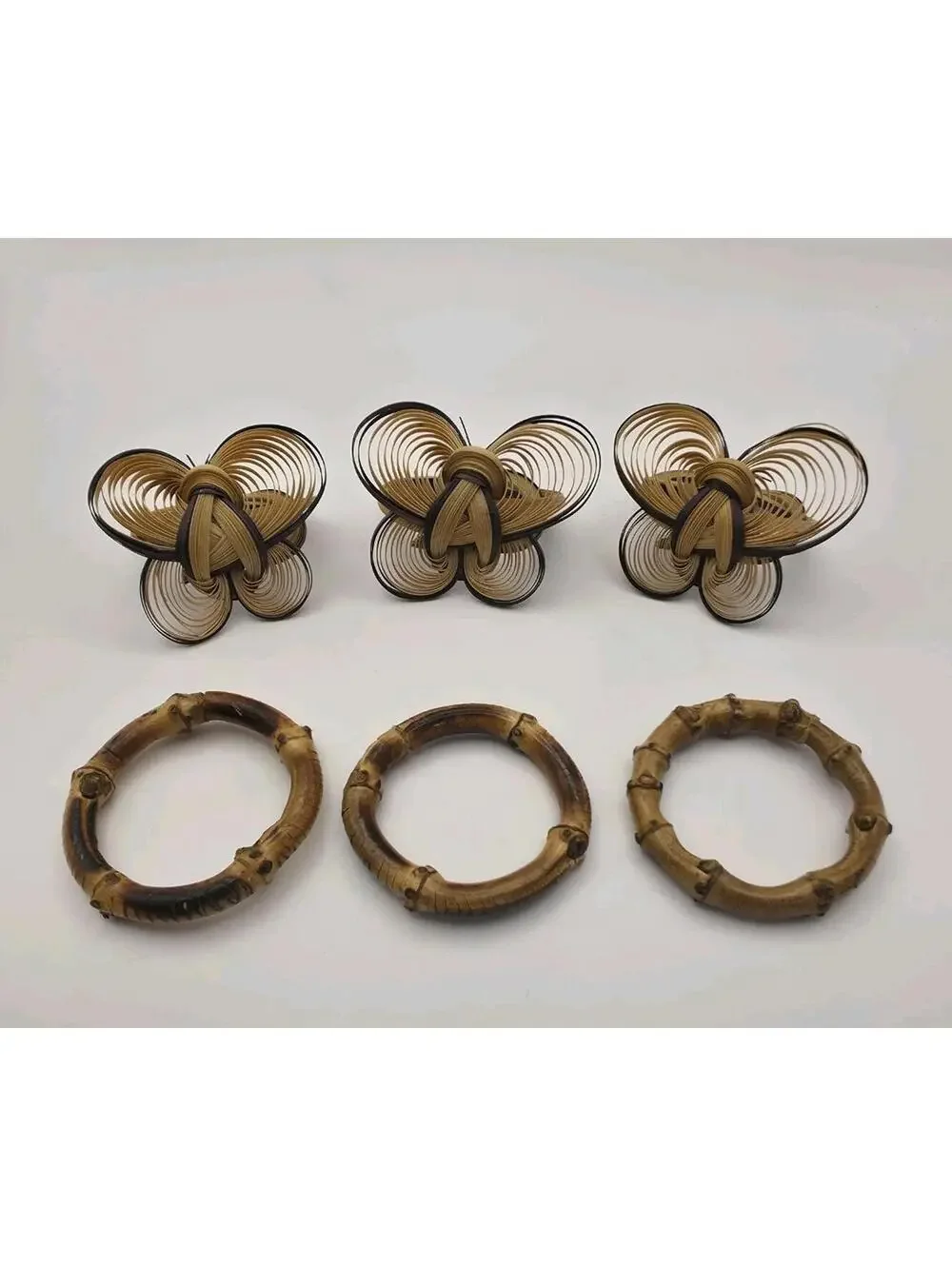 Vintage BAMBOO NAPKIN RINGS  Lot 6 Piece Set BOHO Natural Tiki & Woven Wicker